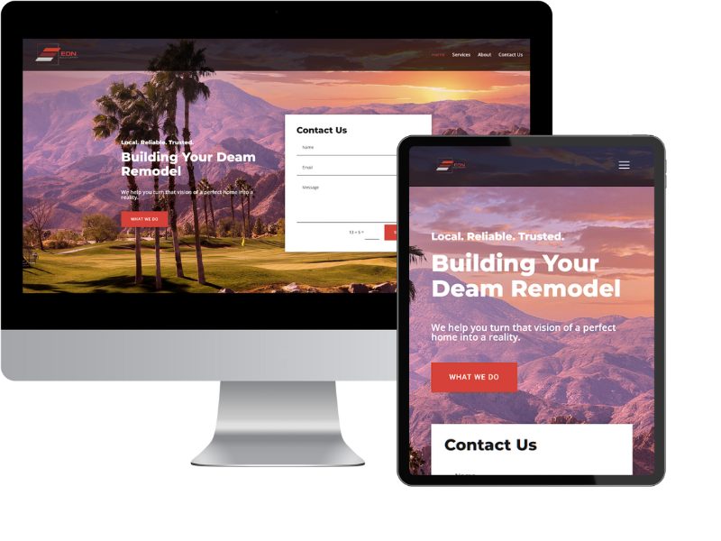 Image shows a desktop and tablet mockup image of web design client's home page for EDN Build Co.
